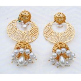 Matte Gold Chand Jhumkas with Pearl Drop